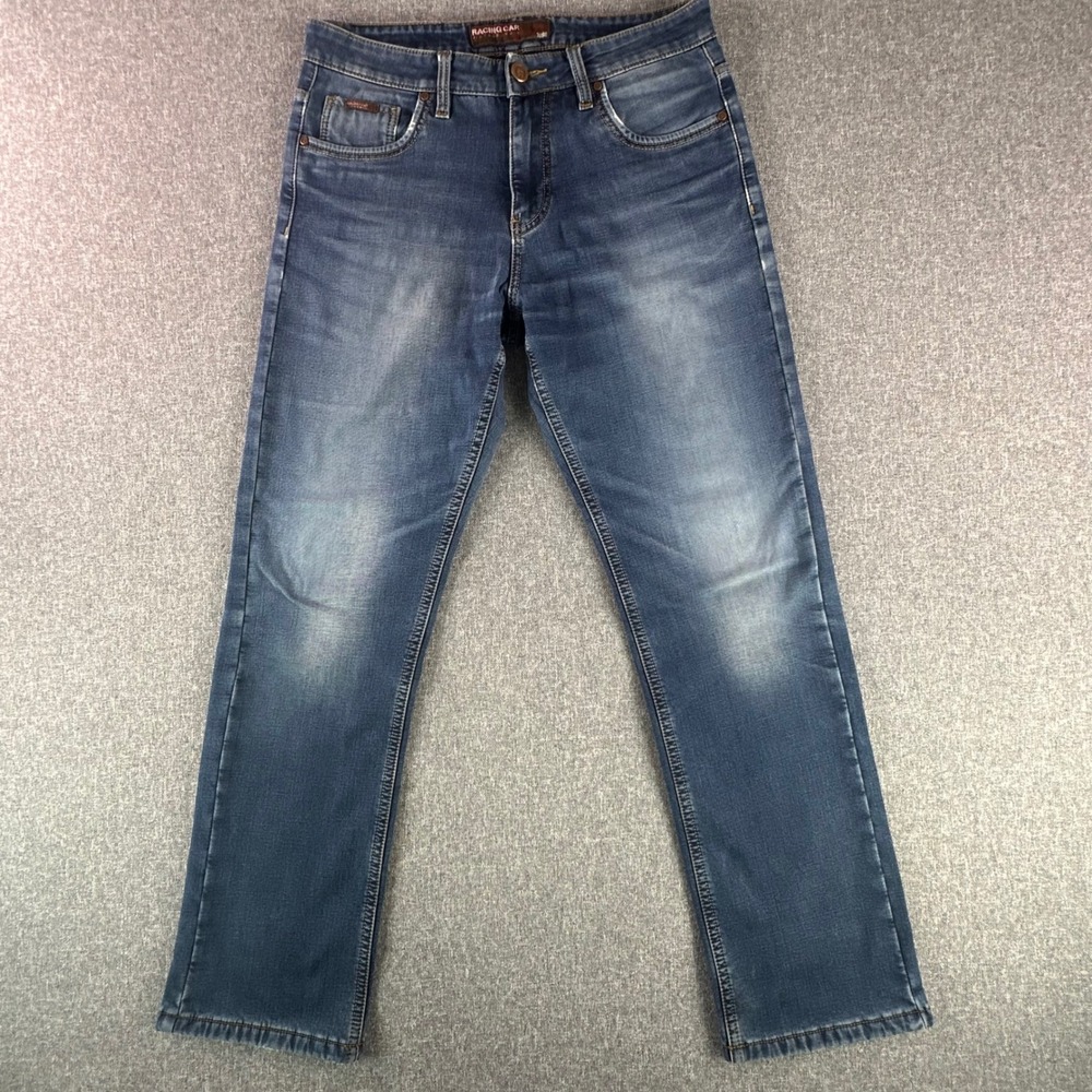 Racing Car Jeans Mens 32 Straight Leg Blue Faded Denim Embroidered Pockets